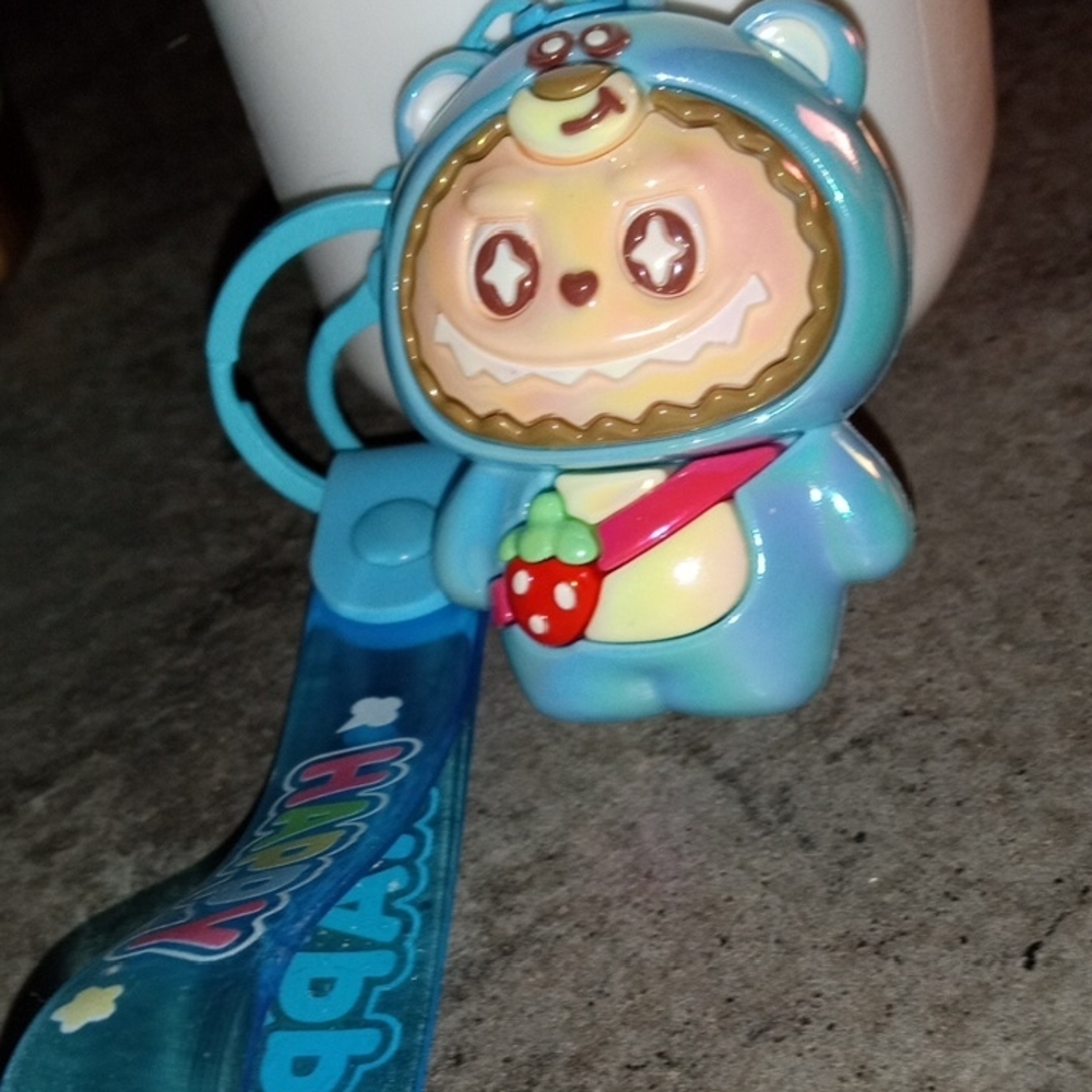 NEON BLUE STRAWBERRY LABUBU HAPPY WRIST STRAP KEY FOB PURSE CHARM